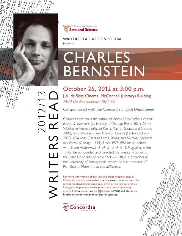 Writers Read presents Charles Bernstein (Oct. 26th)